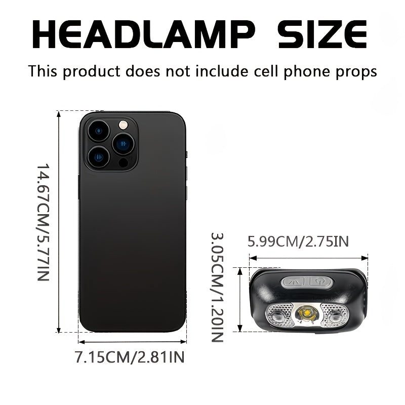 1Pc Rechargeable Fishing Headlamp, Adjustable Angle, Motion Sensor Hands-Free Flashlight, Portable Head Light for Camping, Reading, Running and Barbecue
