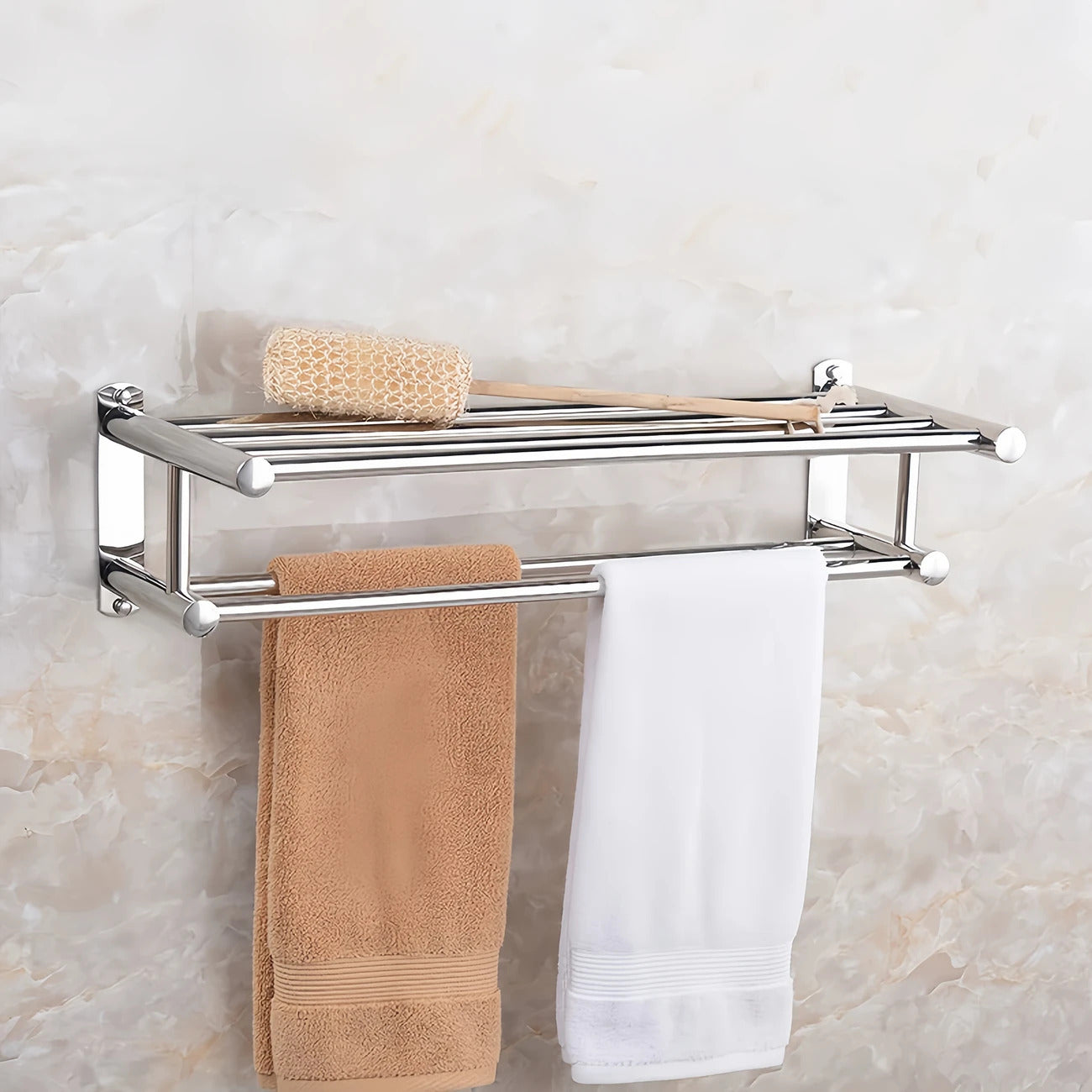 1pc Wall Mount Bathroom Double Layer Shelf - 19.69" Long, Easy Install with 5 Hooks, Polished Mirror Finish, Wide Spacing for Ventilation & Drying, for Home Bathroom, Hotel Toilet