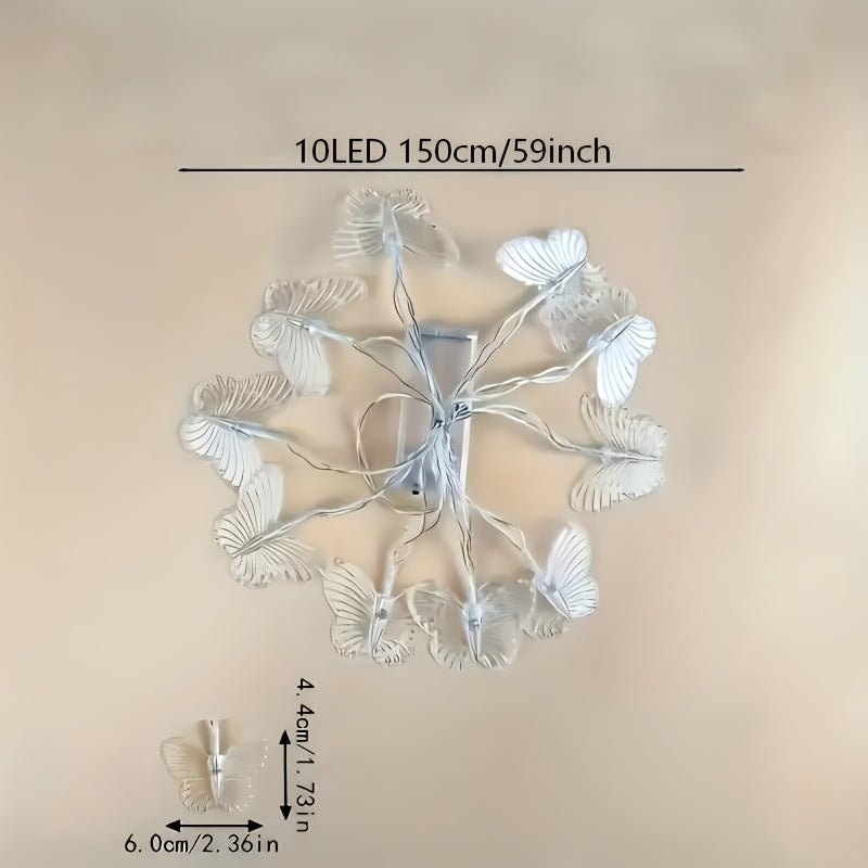 1串透明蝴蝶灯串（59.06英寸/10个LED），浪漫主题，电池供电，暖光，夜市露营氛围灯，工作室摄影灯光拍摄装饰道具灯光拍摄背景灯