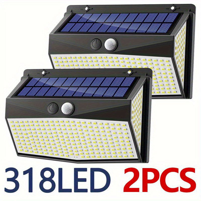 Outdoor Courtyard IP65 Exterior Wall Light, 318 LED Solar Motion Sensor Wall Light (3-Level Function) Security Solar Floodlight Suitable for Outdoor Fence Wall