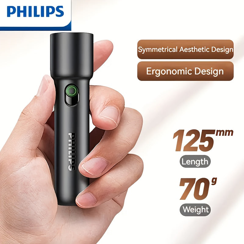 Philips Outdoor Ultra-Bright Flashlight, Matte Surface for Comfortable Grip, 4-Level Dimming Modes, Smart Battery Level Display for Long Battery Life, Portable Multi-Functional Flashlight for Home & Camping - Type-C Charging