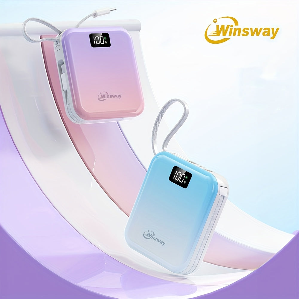 Winsway 2.9英寸迷你充電寶，10000mAh大容量，小巧便攜，內建USB-C雙線輸出，22.5W快充，LED顯示屏，內建掛繩設計，相容多種電子裝置，適合作為高顏值充電寶贈予朋友，聖誕禮物優選