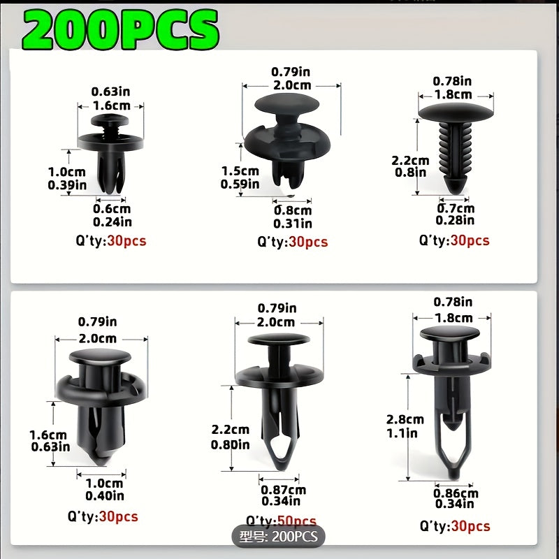 200 Pcs Car Retainer Clips 6mm 7mm 8mm 9mm 10mm Universal Six Sizes Mixed, Compatible with Toyota Ford GM Honda Bumper Push Rivets, Auto Parts Removal Tool