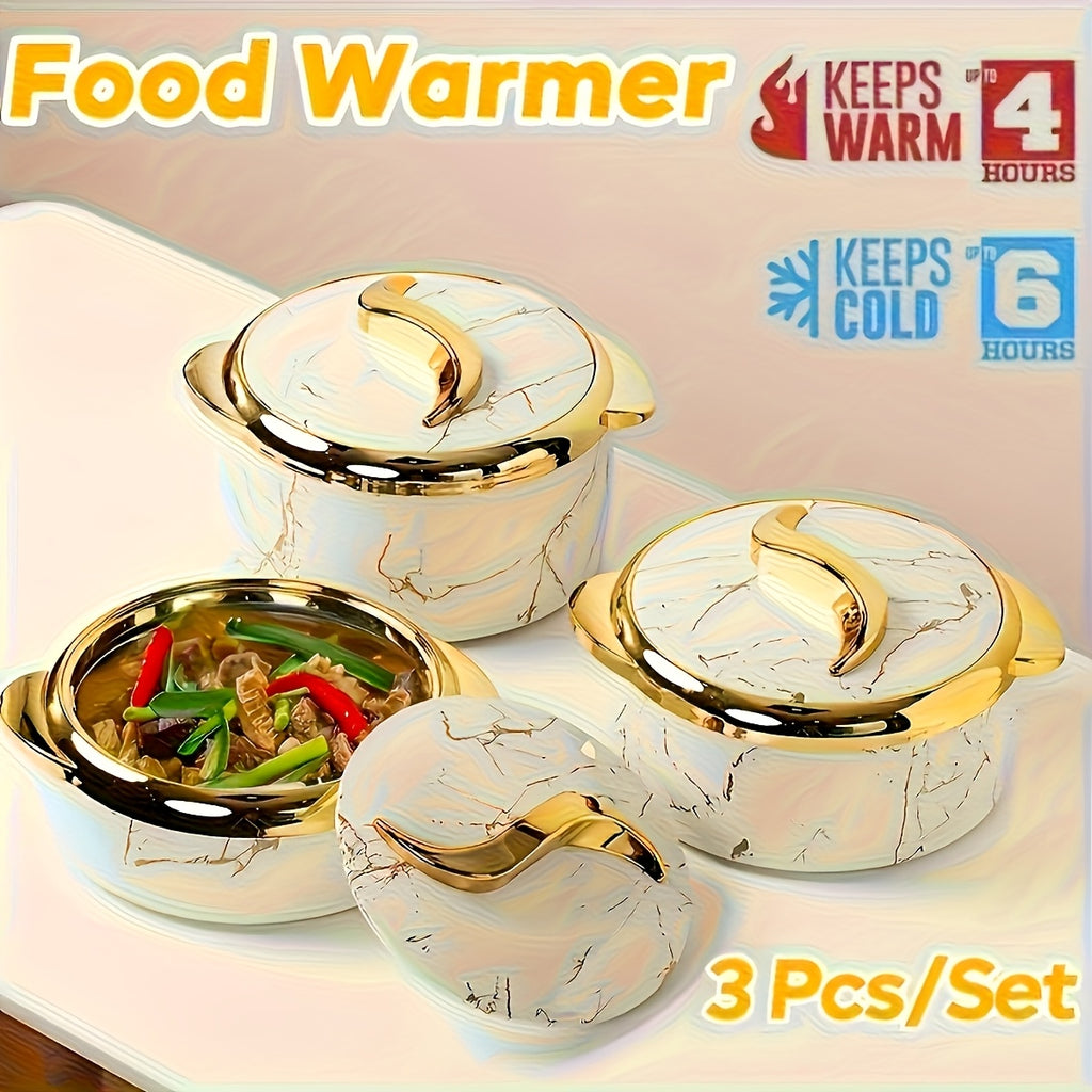 3-Piece Gold Touch Insulated Dinnerware Set – Stainless Steel Hot & Cold Food Bowl with Lids, Portable Thermos (Home Use), Office Lunch Container, Hot Pot Tableware