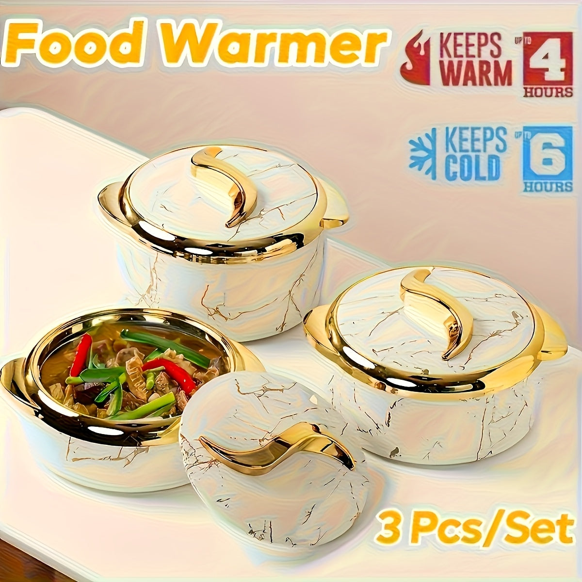 3-Piece Gold Touch Insulated Dinnerware Set – Stainless Steel Hot & Cold Food Bowl with Lids, Portable Thermos (Home Use), Office Lunch Container, Hot Pot Tableware