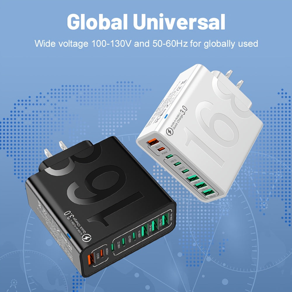 8 Ports With Cable - Global Voltage 110-130V Power Adapter Brick For IPhone 17/16, For IPad, For Samsung, MacBook - Compact Cube Design, Charger For Business Trips & Home Use, Portable Fast Charger, Fast Charger Type C Cable With Adapter