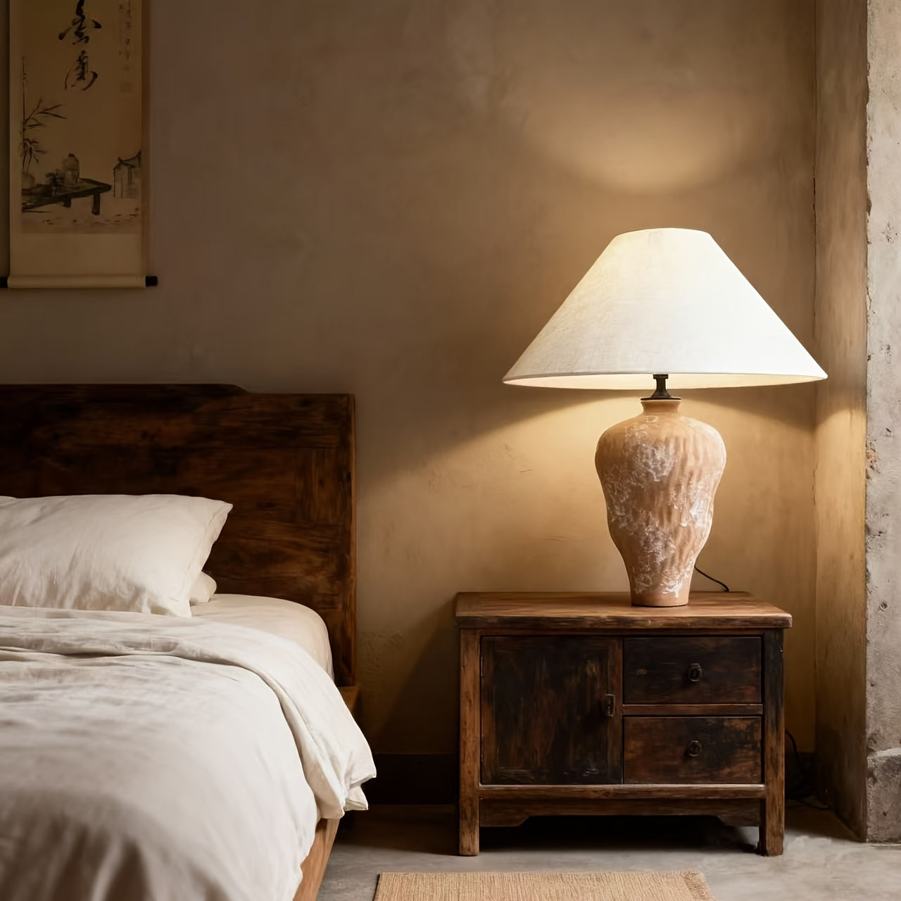 Wabi-sabi style mid-century modern table lamp, with mushroom-shaped lampshade and walnut veneer — controllable bedside lighting, suitable for bedroom, nightstand, minimalist decoration — includes in-line switch bulb (no)