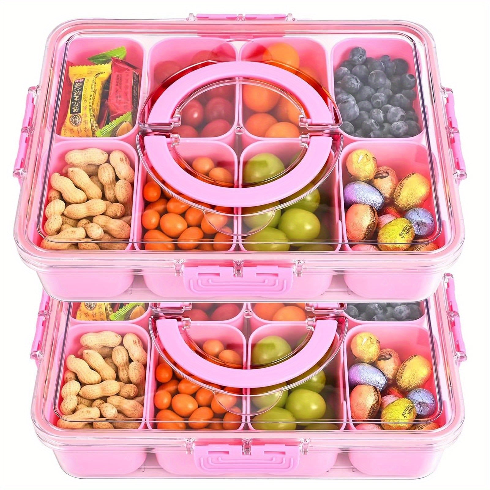 1/2 Pack Divided Tray with Lid and Handle, 8-Grid Freezer Plastic Snack Box, Transparent Portable Snack Box with Buckle Lid, Perfect for Fruits, Vegetables, Salad, Nuts, Ideal for Travel, Camping, Picnic and Lunch Box Organization