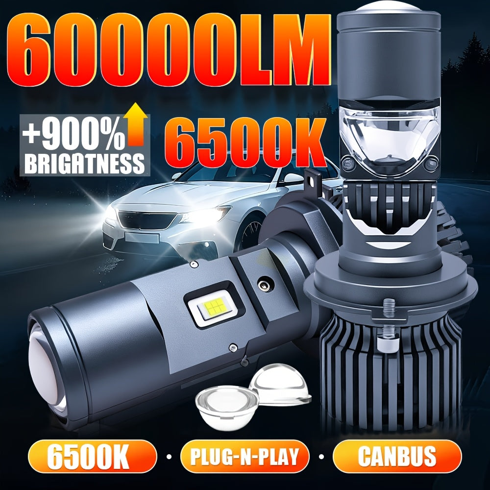 2-Pack H4 LED Mini Lens Car Headlight Bulb Set, Provides 60,000 Lumens, 6500K Color Temperature, CSP 3570 Chip, Easy Plug-and-Play Installation, 900% Brightness Increase, Efficient Heat Dissipation, Suitable for High Beam