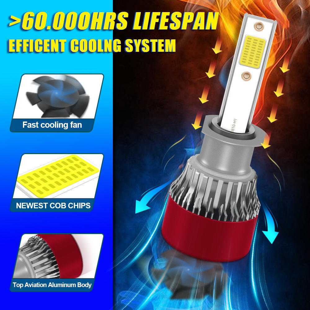 2只装LED汽车大灯 200瓦 6000K色温 60000流明 H1 H7 H11 9005 9006 H4 9007 H13双面COB芯片 LED灯泡 带散热风扇 持久耐用 增强照明 即插即用 适配多数车型