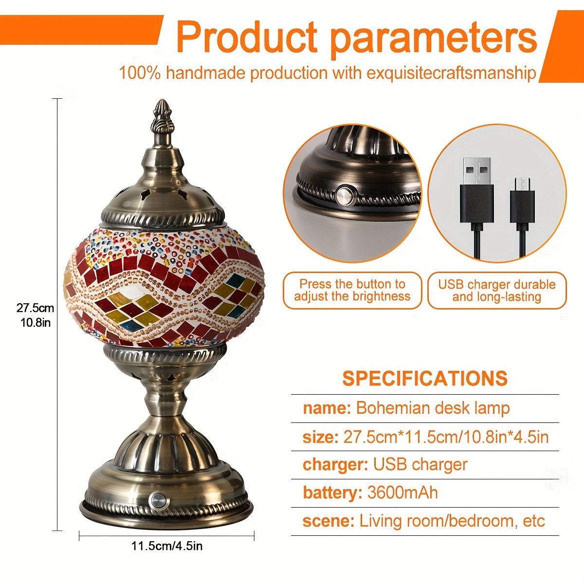 Turkish-Moroccan mosaic rechargeable night light, portable cordless table lamp, 3600mAh rechargeable battery, bohemian stained glass, handmade decorative light for bedroom, dining room, living room, office, holiday gift
