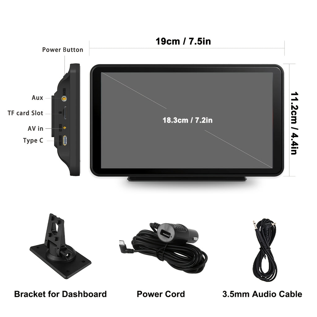 Plympton 7-Inch Portable Car Carplay Display, Android & Carplay Dual System Car Touchscreen, 2026 Portable Car Navigation System, Car Display, Multimedia Functions, Voice Control, Bluetooth Connection, Screen Mirroring