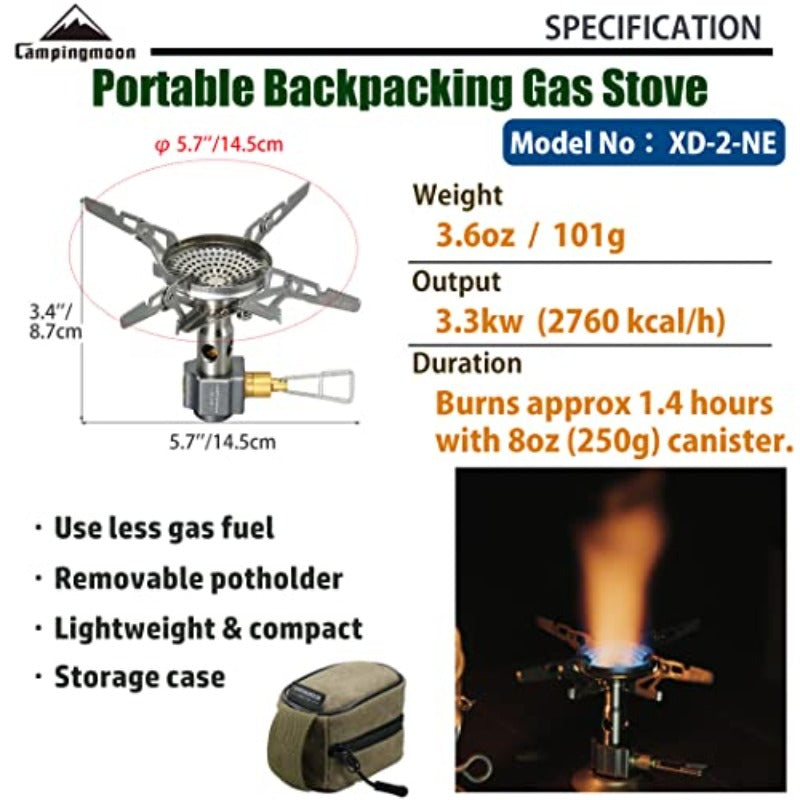 CAMPINGMOON Portable Canister Stove - Compact & Foldable, with Fine Adjustment Valve & 4-Bend Tube, Compatible with Camping, Hiking, RV Travel - Igniter Not Included / Sold Separately (Requires Specific Fuel) XD-2-NE