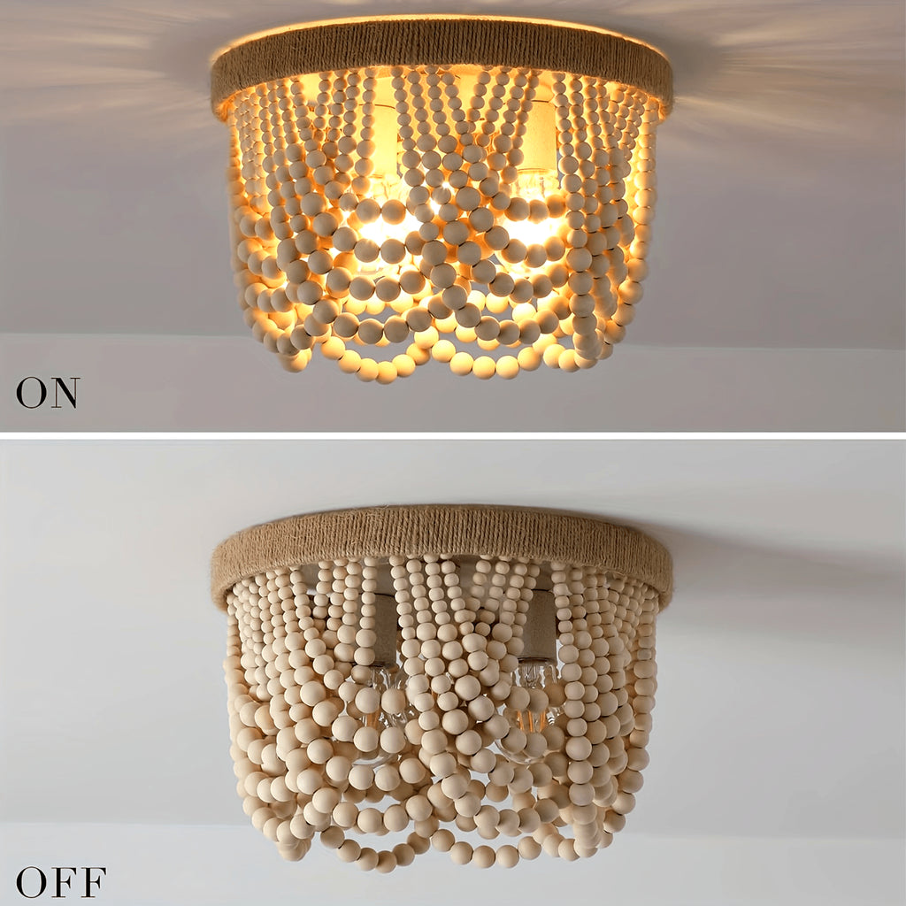 Bohemian Farmhouse Lighting, Wood Bead Pendant Light, Finished 3-Light Semi-Flush Mount Ceiling Light, Bedroom Rustic Mini Pendant Light, Hallway Bedroom Kitchen Living Room, E26 E27 Base (Bulb Not Included)
