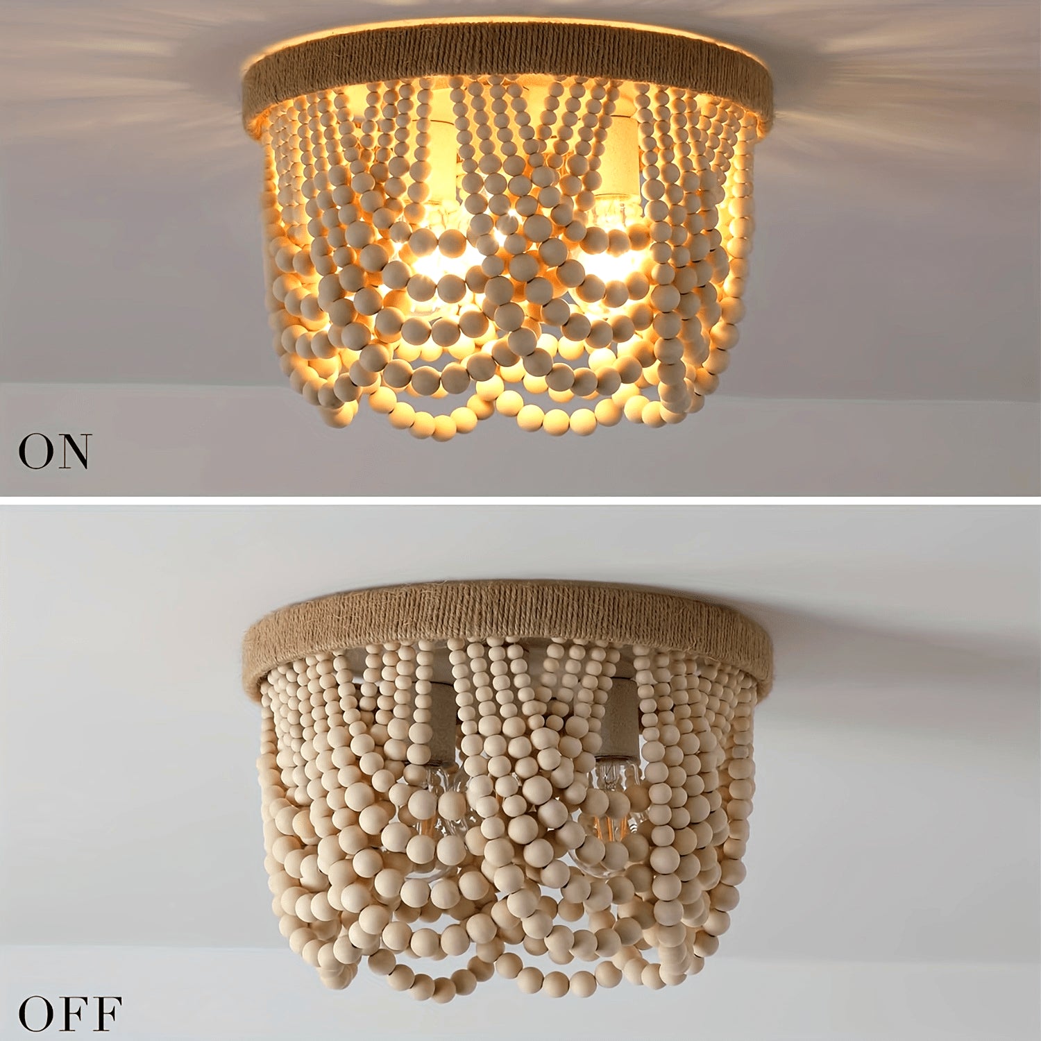 Bohemian Farmhouse Lighting, Wood Bead Pendant Light, Finished 3-Light Semi-Flush Mount Ceiling Light, Bedroom Rustic Mini Pendant Light, Hallway Bedroom Kitchen Living Room, E26 E27 Base (Bulb Not Included)