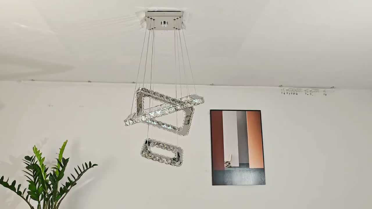 Elegant modern crystal chandelier, square design, three-ring structure, height adjustable, suitable for bedroom