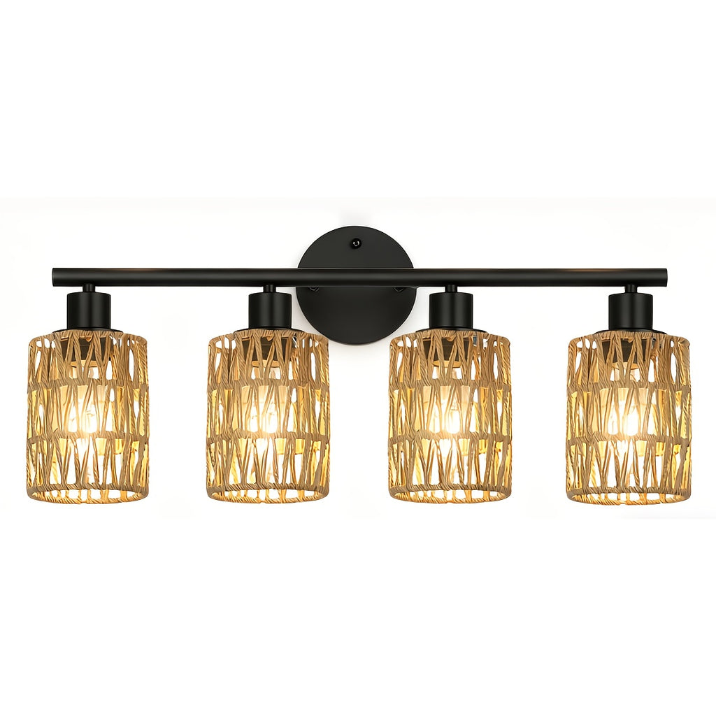Farmhouse style 4-light hardwired semi-flush mount / ceiling mount vanity mirror light, with hand-woven lampshade — vintage cast iron top-mount wall light, suitable for bathroom, bedroom, hallway mirror installation (mirror not included)