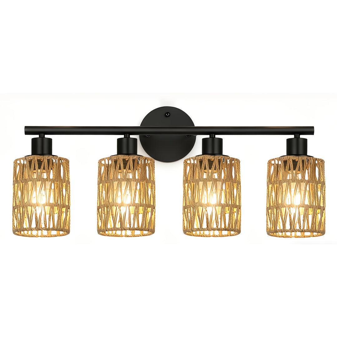 Farmhouse style 4-light hardwired semi-flush mount / ceiling mount vanity mirror light, with hand-woven lampshade — vintage cast iron top-mount wall light, suitable for bathroom, bedroom, hallway mirror installation (mirror not included)