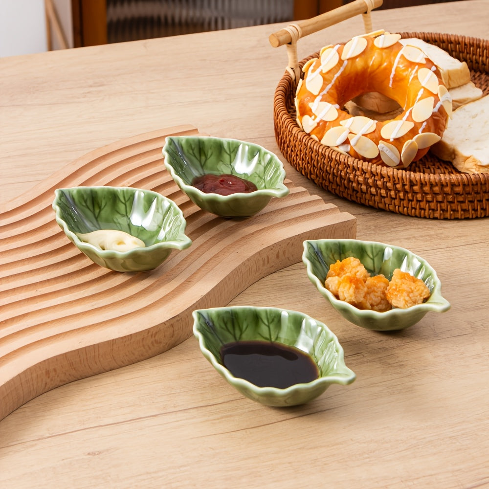 4/6pcs 40ml / 1.35oz Ceramic Dip Dish – Cute Green Leaf Soy Sauce Dish – Heat-Resistant Ceramic Espresso Measure Cup – Perfect for Serving Coffee, Sauce, Honey &amp; Milk – Espresso Bar Table Décor