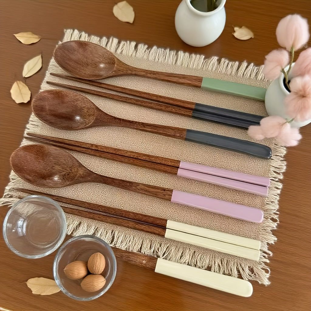 4-Piece Japanese Macaron Color Series Wooden Long Handle Colored Spoon & Chopstick Set – Handmade Reusable Cutlery Set – Essential for Christmas, Halloween, Easter Holidays – Durable Home Tableware Necessity – Perfect for Kitchen & Dining Room/