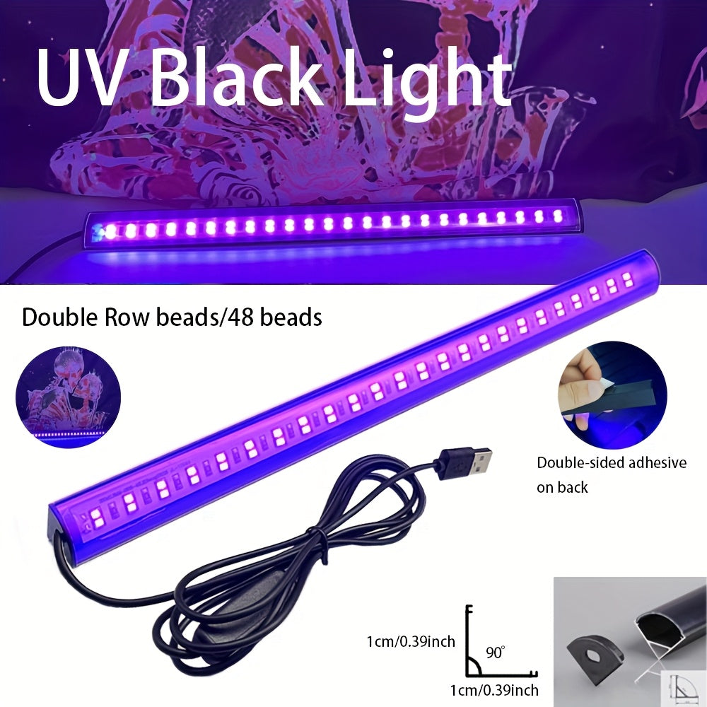 1/2-pack UV purple light tube, 48-LED UV black light, triangular USB black light, double-sided tape on the back for easy installation, suitable for holiday parties, fluorescent posters, stage lighting