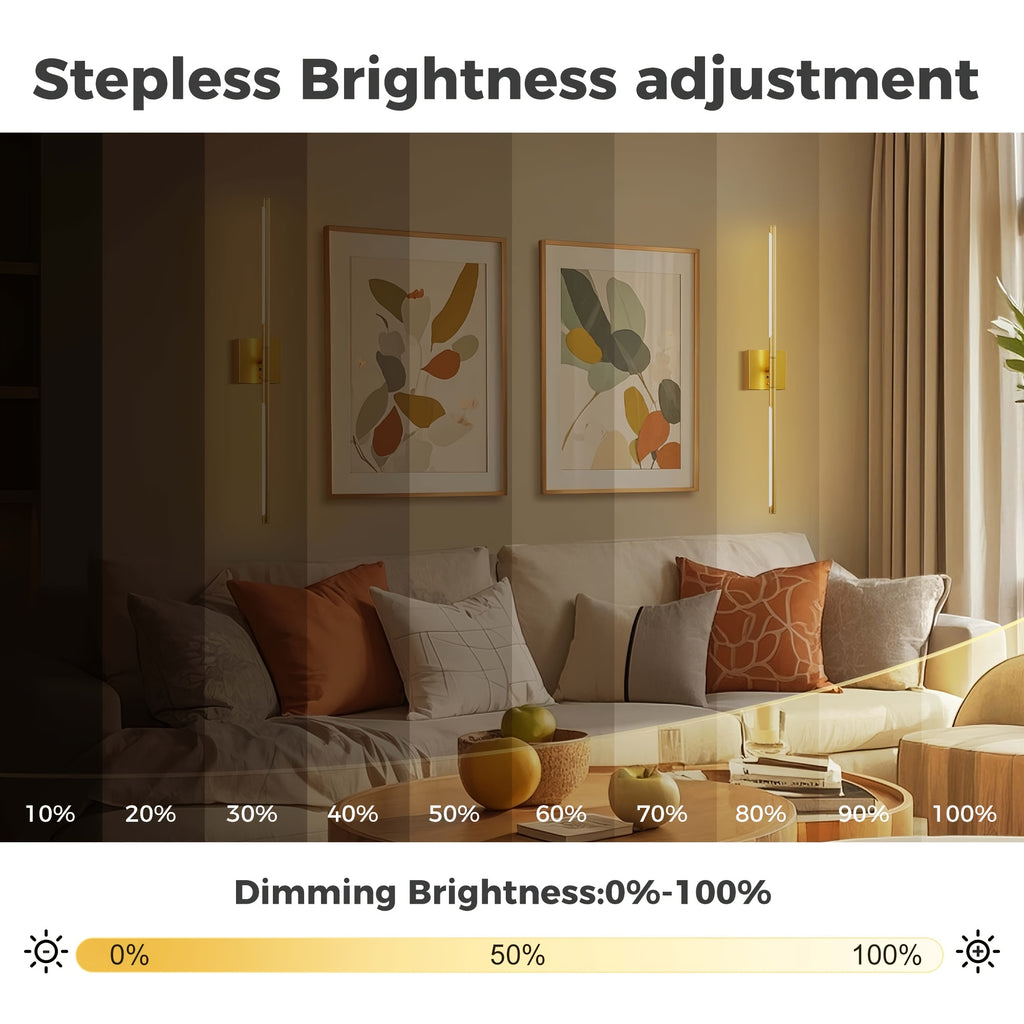 2-Pack Remote Control Linear LED Wall Light, 28-Inch Long Strip Stepless Dimming Wall Light All Gold Wall Light, for Stairs, Bedroom, Living Room Background Decoration, Metal Lamp Warm White Light, Rechargeable