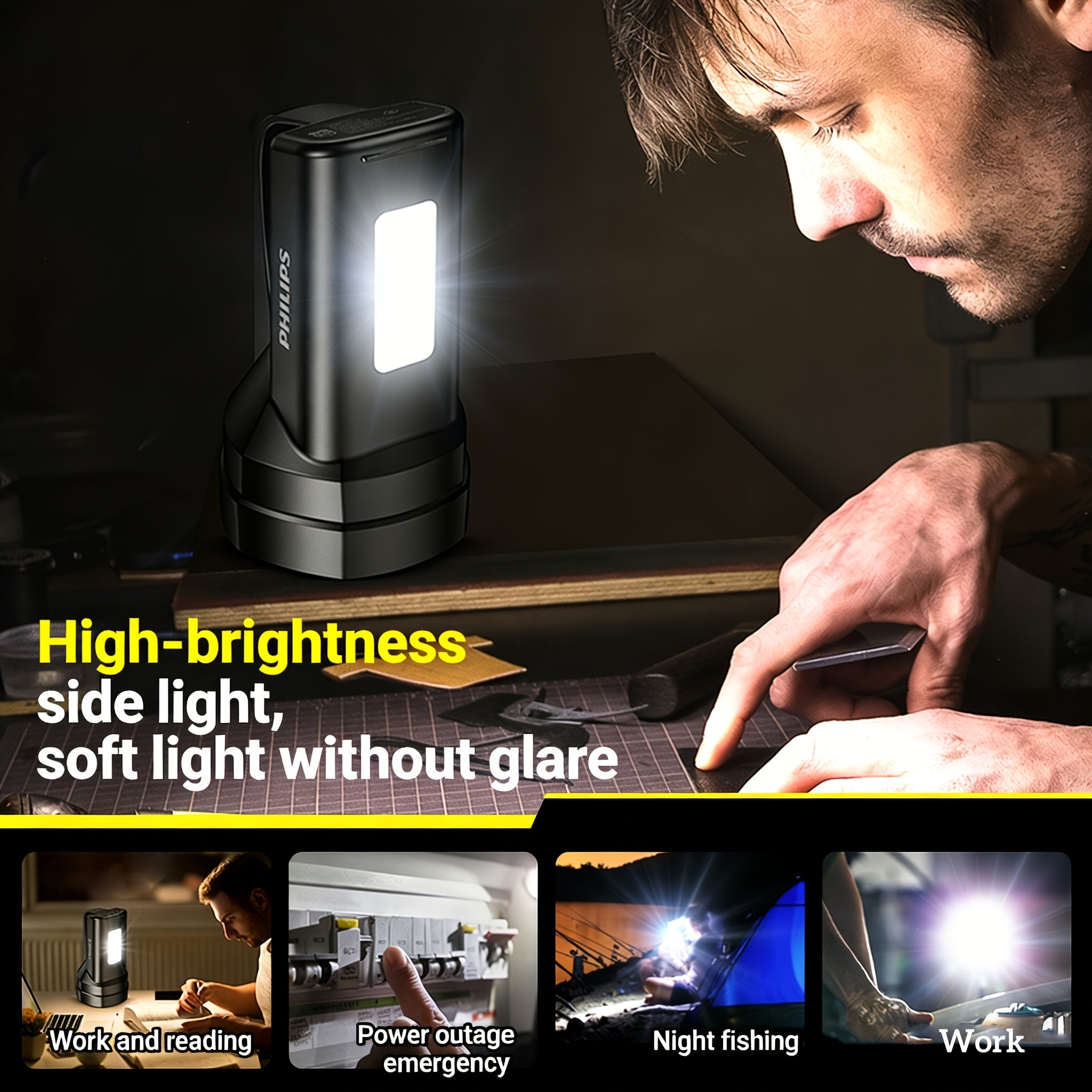 Philips High Lumen Flashlight, Hand Crank Emergency Function, 5 Adjustable Lighting Modes, High Capacity Battery for Long-Lasting Runtime, COB Side Light, Ideal for Fishing, Emergencies, Outdoor Activities, Camping & Home Use