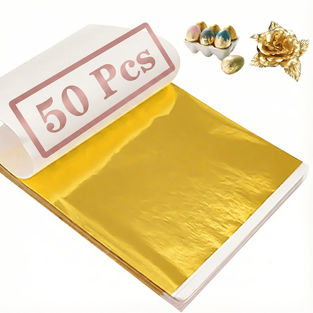 50片金箔纸（3.15英寸×3.35英寸），仿金箔纸，适用于树脂工艺品、美甲、史莱姆、剪贴簿、画布绘画、DIY艺术鎏金雕像、家具及墙面装饰