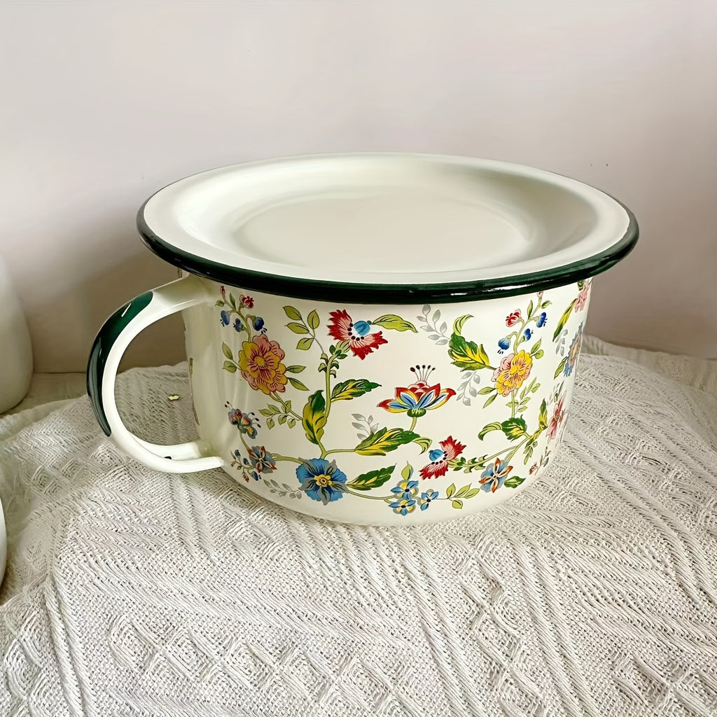 1 Piece, Thickened Enamel Bowl with Lid, Vintage Floral Pattern – Perfect for Soup, Rice, Noodles, Pot Pie, Salad, etc. – Durable & Stylish Tableware