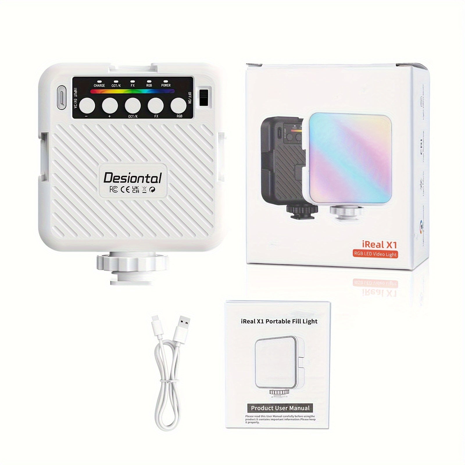 Desiontal iReal X1全彩RGB补光灯vlog相机拍摄柔光美颜灯带LED三色温3000-6500K模式户外便携手机自拍摄影打光静物拍摄 冷靴座和1/4螺孔安装