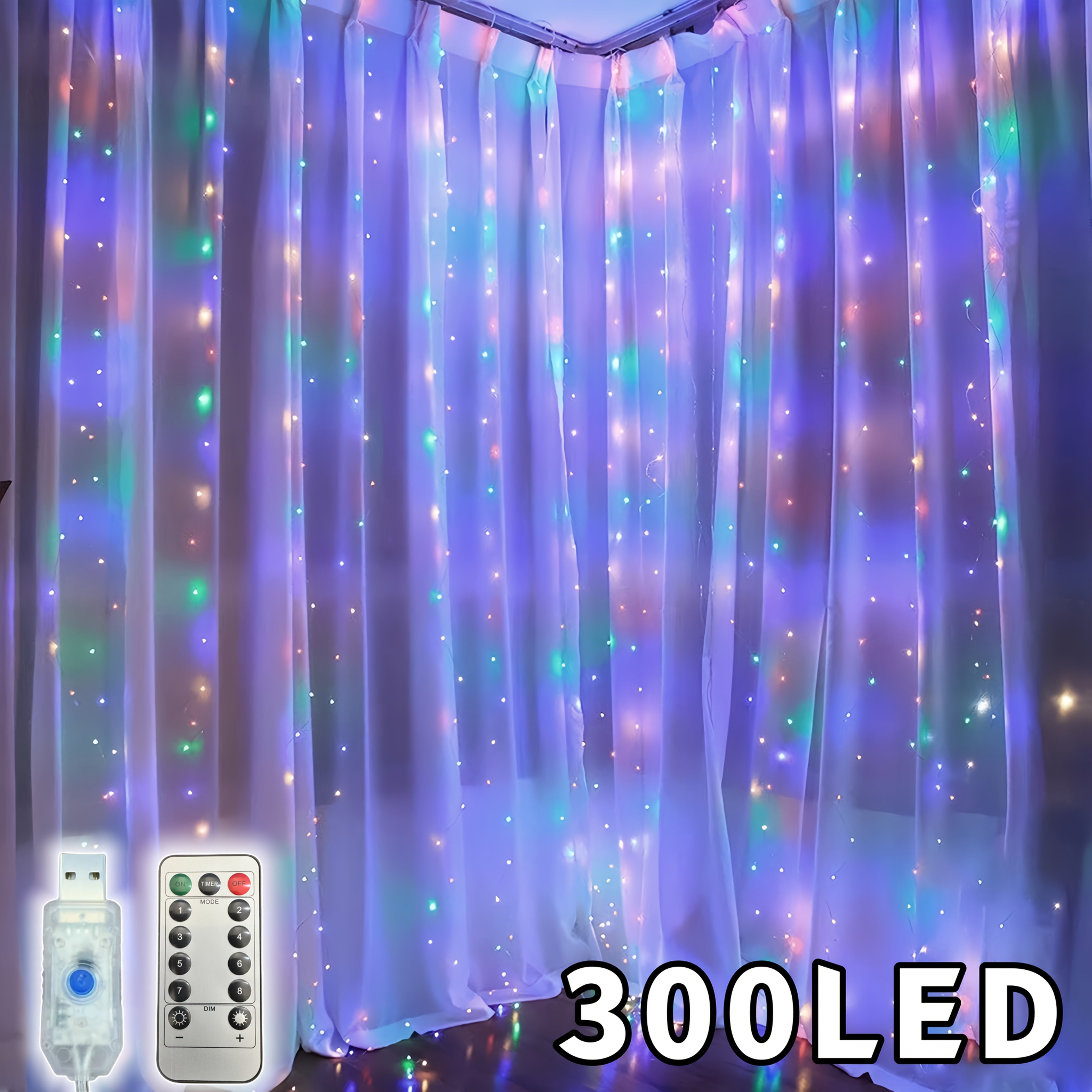 1件装圣诞童话灯，300颗LED童话窗帘灯，USB插头，8种模式含定时/调光功能，DIY卧室造型，适用于圣诞、情人节、家居墙面、客厅装饰（含遥控器与挂钩）