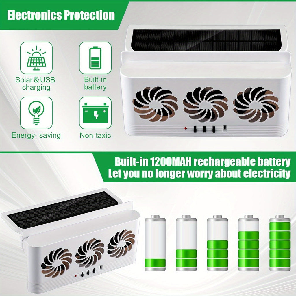Solar/USB Dual Power Car Exhaust Fan with Rechargeable Battery - Portable Fast Cooling and Deodorizing Ventilation System, Modern Geometric Design, Auto On/Off for Smoking, Suitable for Cars, Trucks, RVs and Boats (Black/White)
