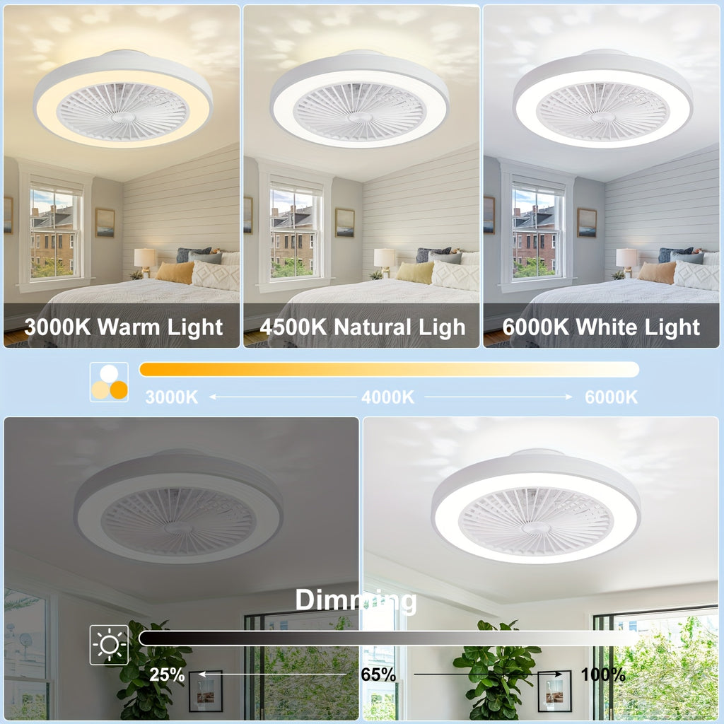 Modern Low Profile Ceiling Fan, 6 Speed Levels, Reversible Bladeless Design, 3000-6500K Dimmable LED Fan Light, Smart Timing Function, Suitable for Living Room, Bedroom, Office, Kitchen