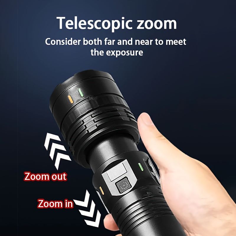 Super Bright High Lumen Telescopic Tactical Flashlight, USB Rechargeable, 3000 Lumen, 3600mAh, IP44 Waterproof, Ideal for Outdoor, Camping, Adventure, Fishing, Patrol, Home Use and Gift