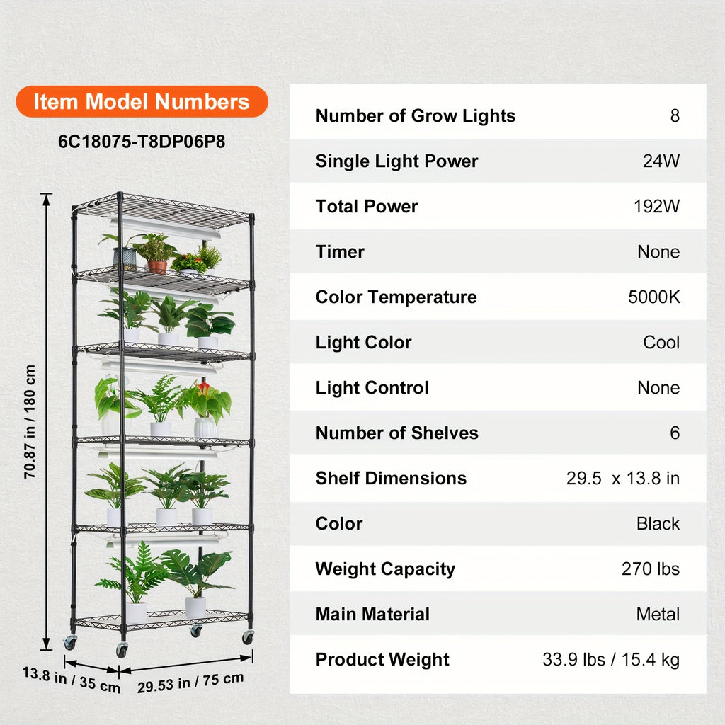 Functional Plant Shelf, DIYable, 6-Tier, 180cm×75cm, 192W, US Plug, 110V