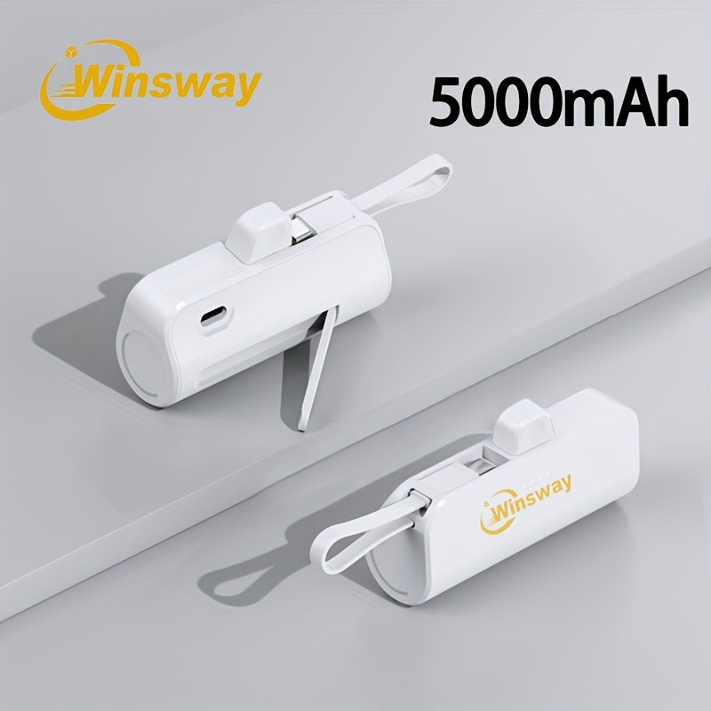 WINSWAY雙口5000毫安膠囊迷你口袋移動電源，便攜快速充電無線手機支架充電器，附Type-C資料線，支援同時為兩部手機充電，相容安卓、三星等裝置，適合旅行、飛機及假日使用。是送給愛美女友的必備好禮