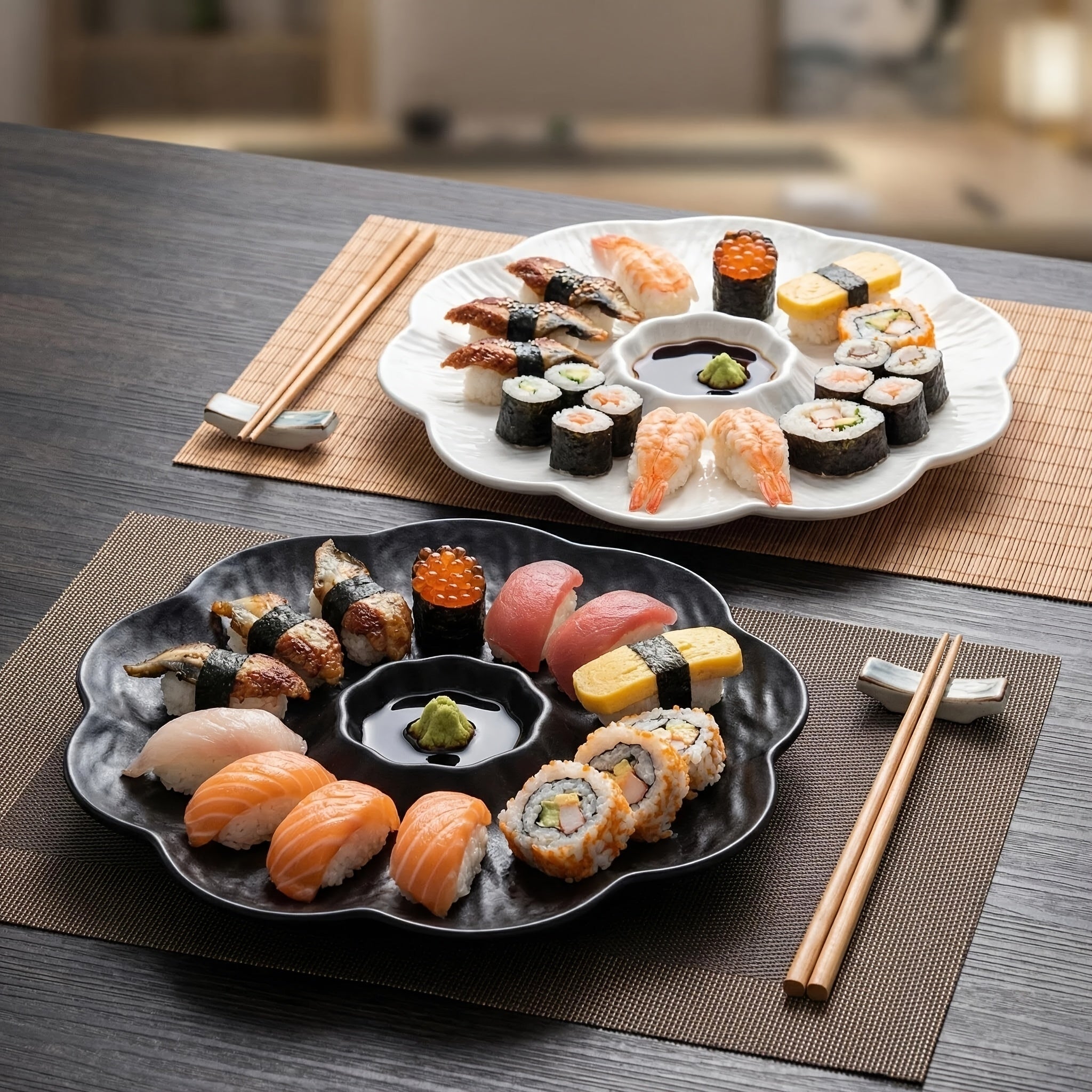 2pcs Novel Multi-Use Plastic PP Dinner Plate with Sauce Dish, Reusable Home Sushi Plate, New Year Dumpling Plate – Perfect for Dumplings, Deviled Eggs, Noodles, Vegetable Platter, Sushi, Tacos, Salsa, Deli, BBQ Breakfast Dips