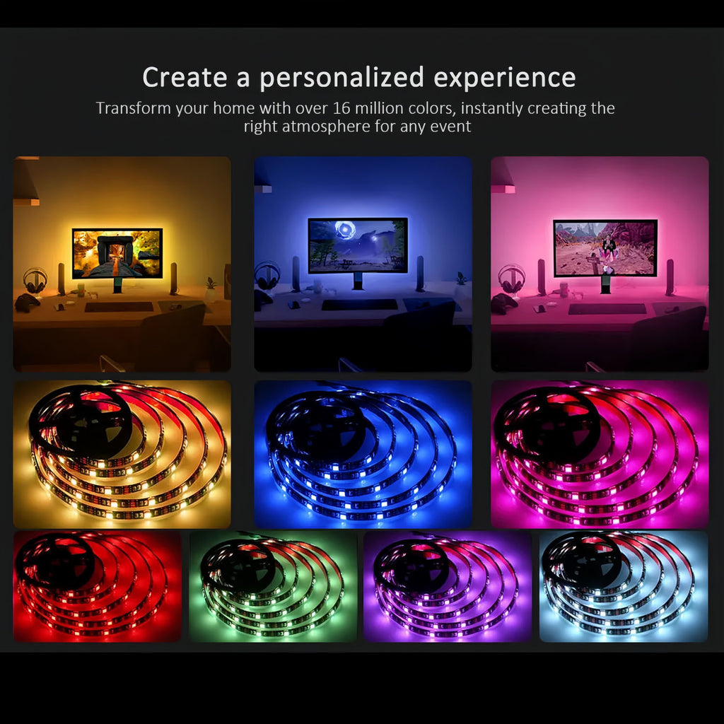 USB RGB LED电视背光灯套装，3535贴片柔性灯带配24键遥控器，可调光氛围灯，适用于32-65英寸电视及电脑显示器，自带背胶易于安装