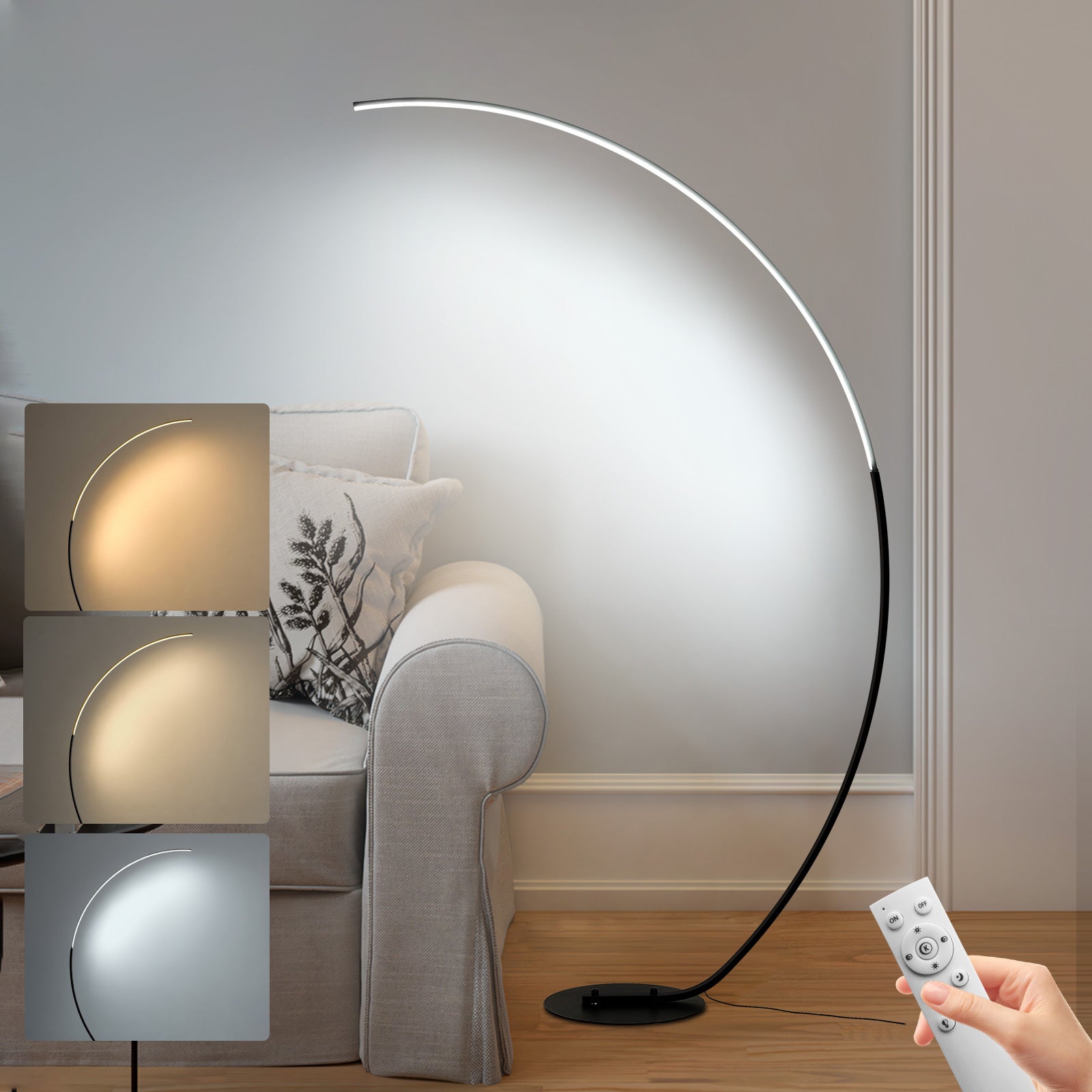 65-inch modern arc floor lamp with remote control, LED dimmable curved reading floor lamp, 3-color temperature vertical floor lamp, timer corner floor lamp, suitable for bedroom, living room, office