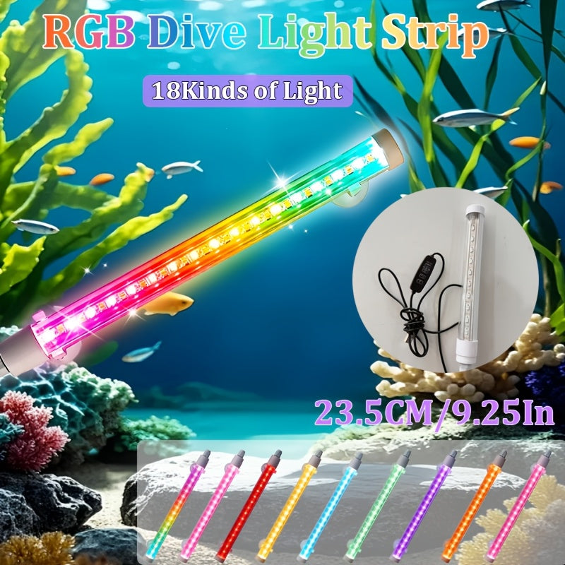 智能RGB水族馆景观灯，18种颜色和动态模式，宠物水族馆装饰LED灯条，带定时器的4键控制，RGB鱼缸灯的5级亮度调节，USB供电的水生藻类灯，产品附着在透明鱼缸的外部