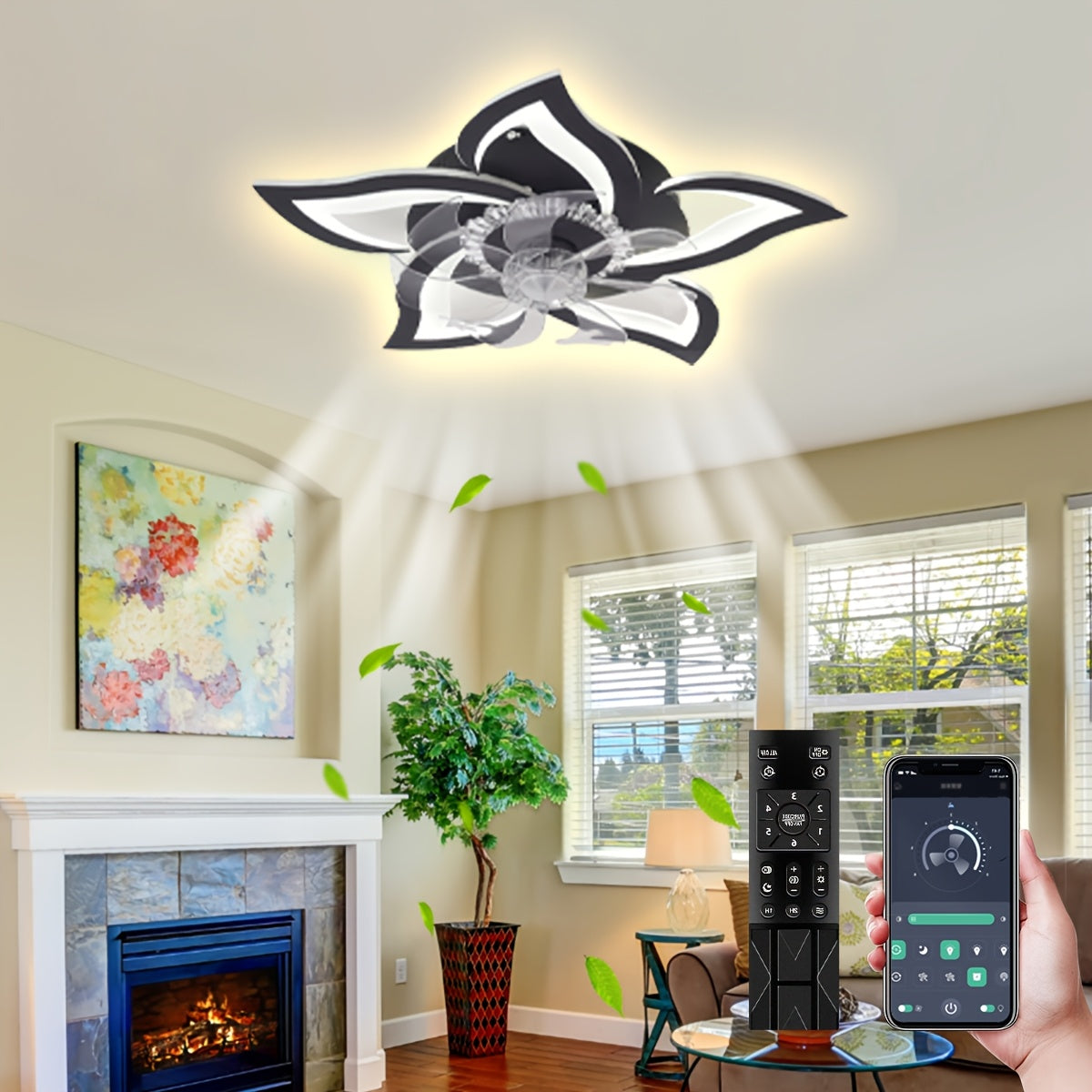 27 Inch Low Profile Ceiling Fan with LED Light and Remote Control, 3 Color Dimmable, Pure Copper DC Motor, 6-Speed Reversible, Base with Heat Dissipation Holes, Petal-Shaped Modern Ceiling Fan Light