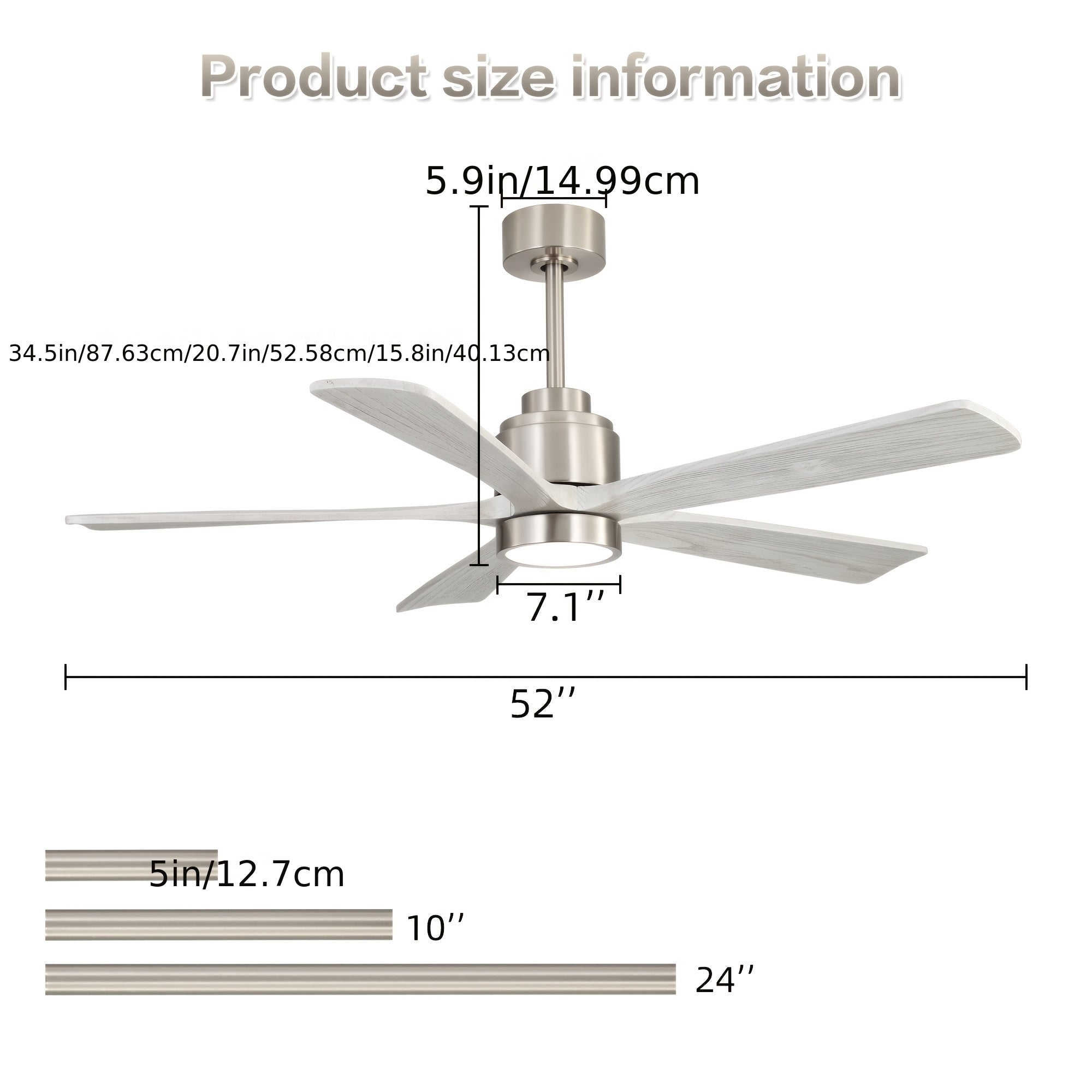 Sofucor 52 Inch Solid Wood Ceiling Fan with Remote & Light, 5/10/24" Downrods, 18W Memory LED Light, Reversible DC Motor, 1/4/8H Timer, 5 Wood Blades, Silent for Home Kitchen Living Room Bedroom