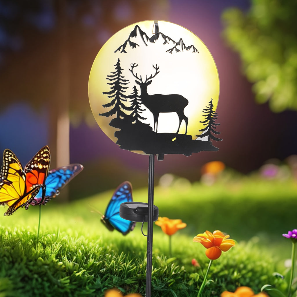 One-Piece Solar Elk Garden Light, Metal Round Deer Ground Insert Light Under the Night Sky, Outdoor Waterproof High-Brightness Warm White Light, Suitable for Holiday Courtyard, Garden, Patio, Walkway, Corridor, Gardening Decorative Light