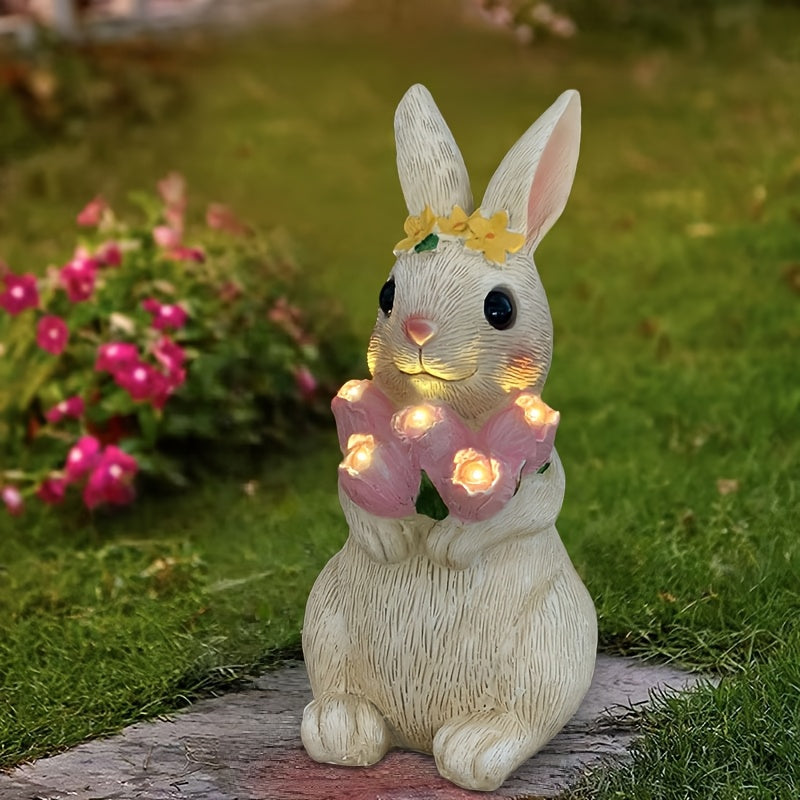 IP65 Outdoor Solar Statue Light Resin Rabbit Holding Tulip Flower Light with LED Ambient Light Courtyard Home Decoration Lawn Steps Patio Path Decoration Valentine's Day Thanksgiving Easter Halloween Christmas Holiday Gift