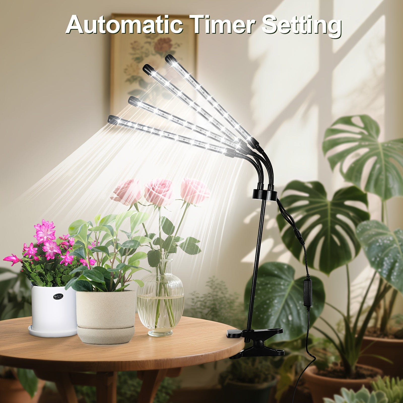 4-Head LED Indoor Plant Grow Light, Timing Design, Multifunctional Adjustable Lighting for Indoor Plants, 3 Modes Switch, Promotes Healthy Plant Growth, Suitable for Greenhouse, Nursery, Home Gardening and Garden, Local Warehouse Shipping