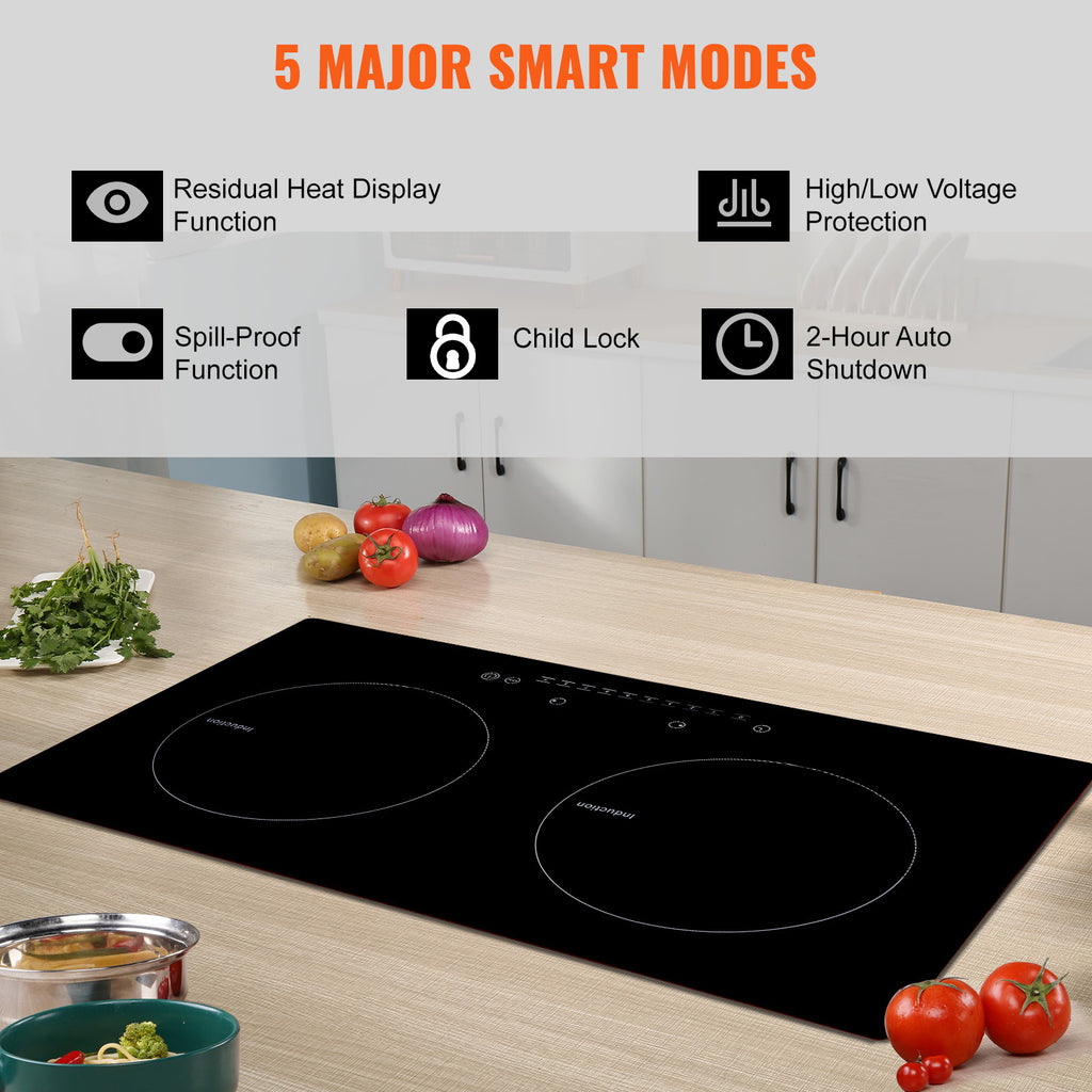 VEVOR Induction Cooktop, 2 Burners, 24-Inch Induction Stove, Built-In Magnetic Stove, 1800W, 9-Level Multi-Function Burner, LED Touch Screen, with Child Lock & Over-Temperature Protection