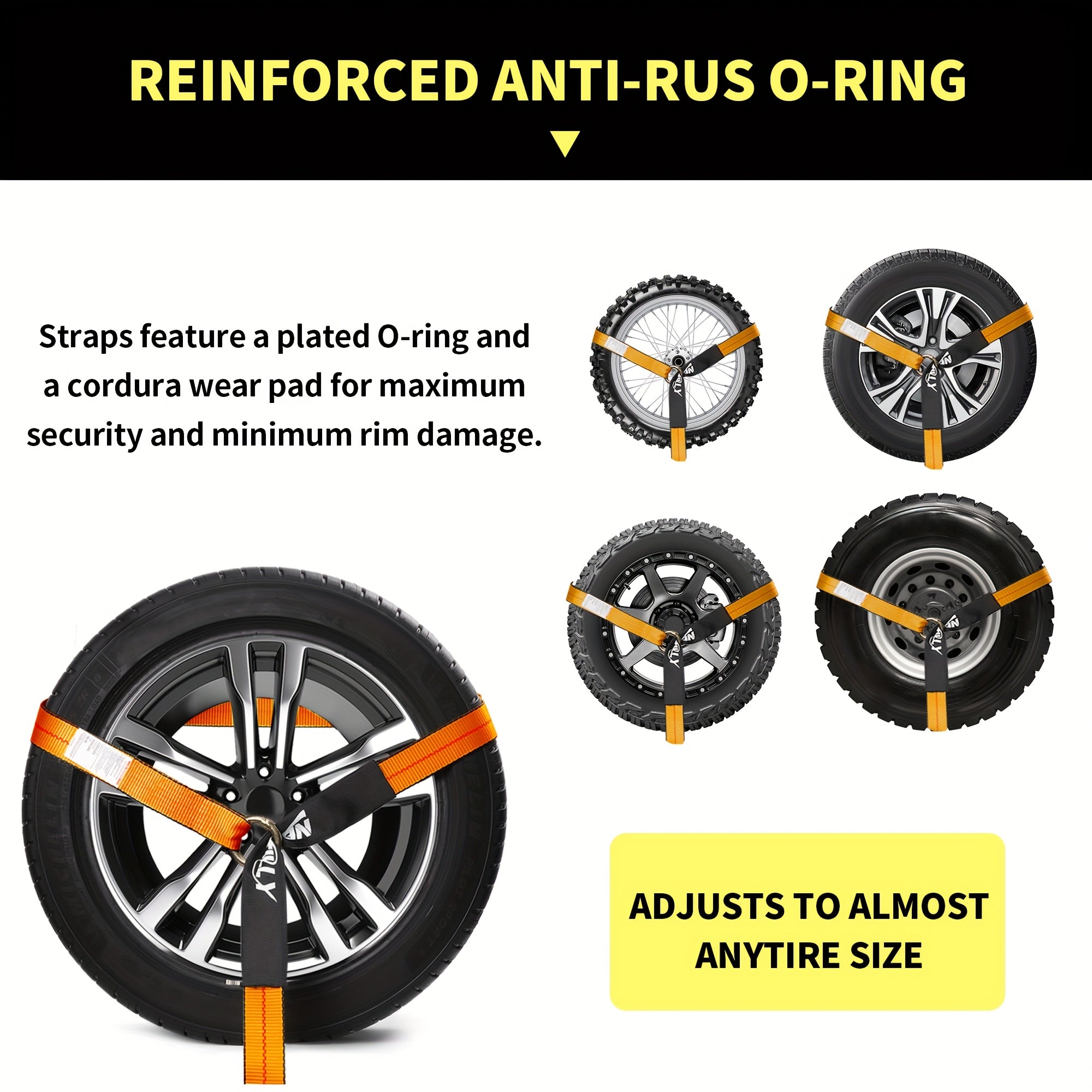 4-Pack Reflective Car Trailer Tie Down Straps - Tire Ratchet Straps with Chain Anchor Device - 2in x 8ft, 9900lb Break Strength - Lasso-Style Wheel Straps for Transporting ATVs, SUVs, Trucks