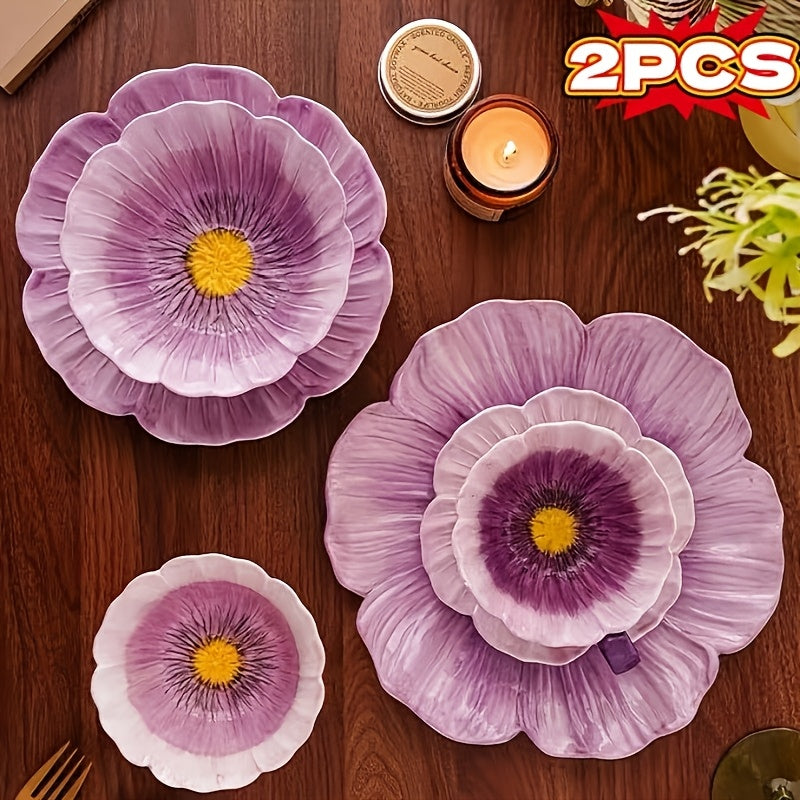 2PCS Set, New Purple Flower Bud Ceramic Dinnerware – Steak Plate, Pasta Plate – Perfect for Restaurant & Home Use – Novel Floral Pattern Plate, Fruit Salad Bowl, Exquisite Personalized Tableware, Fine Kitchen Dinnerware, Gift