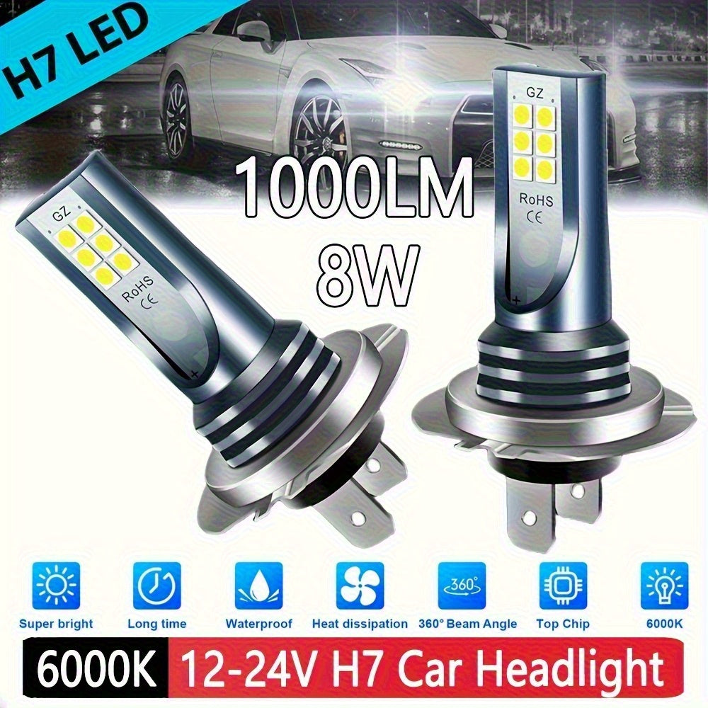 2Pcs H7 2835 12SMD LED High Beam Bulb Set White 6000K Bulbs