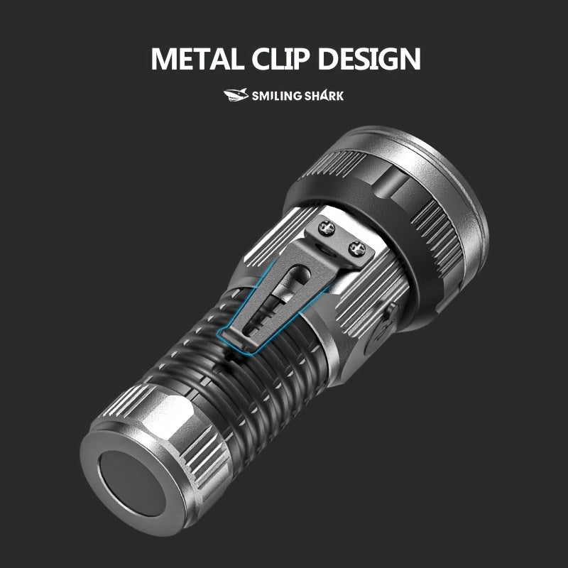 M60+2XPE Flashlight SMILING SHARK Ultra Bright 5 Modes Magnetic Strong Light Stepless Dimming Type-C Charging Metal Clip Pocket Size for Outdoor Camping Hiking Adventure